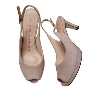 Sacha London 6.5 Slingback Heels Taupe Suede Leather‎ Peep Toe Platform Neutral